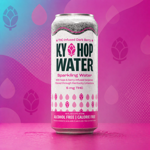 PLACEHOLDER, replace with final product photography. Infused Dark Berry Kentucky Hop Water 4-pack, 5 mg hemp-derived THC per 16 oz can.