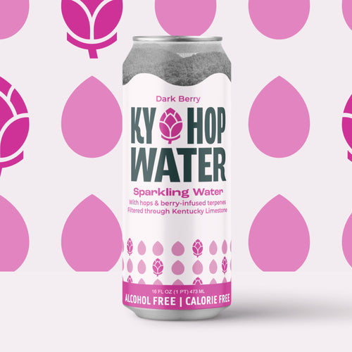 A single can of Ky Hop Water Sparkling Water in the Dark Berry flavor, shown against a light background with a repeating pink teardrop pattern. The can features a white label with dark green and pink text and graphics.
