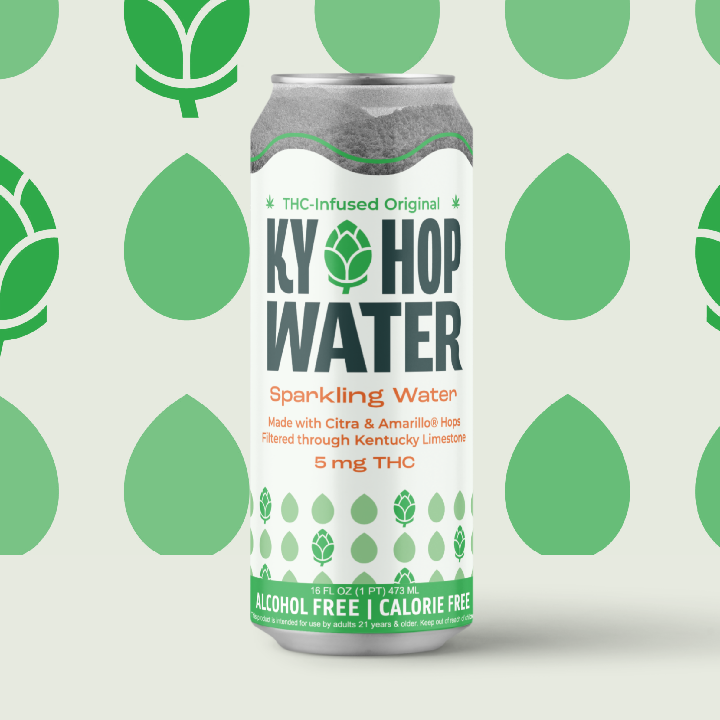 A 16 fl oz can of Ky Hop Water, a THC-infused sparkling water, shown against a light green background with a matching leaf pattern. The can features a white label with green and orange text and graphics.