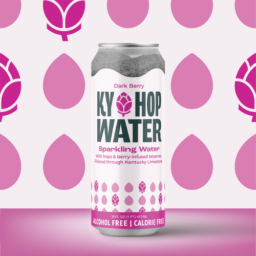 A can of Ky Hop Water Sparkling Water in the Dark Berry flavor, featuring a white label with pink and green graphics, set against a patterned pink and white background.