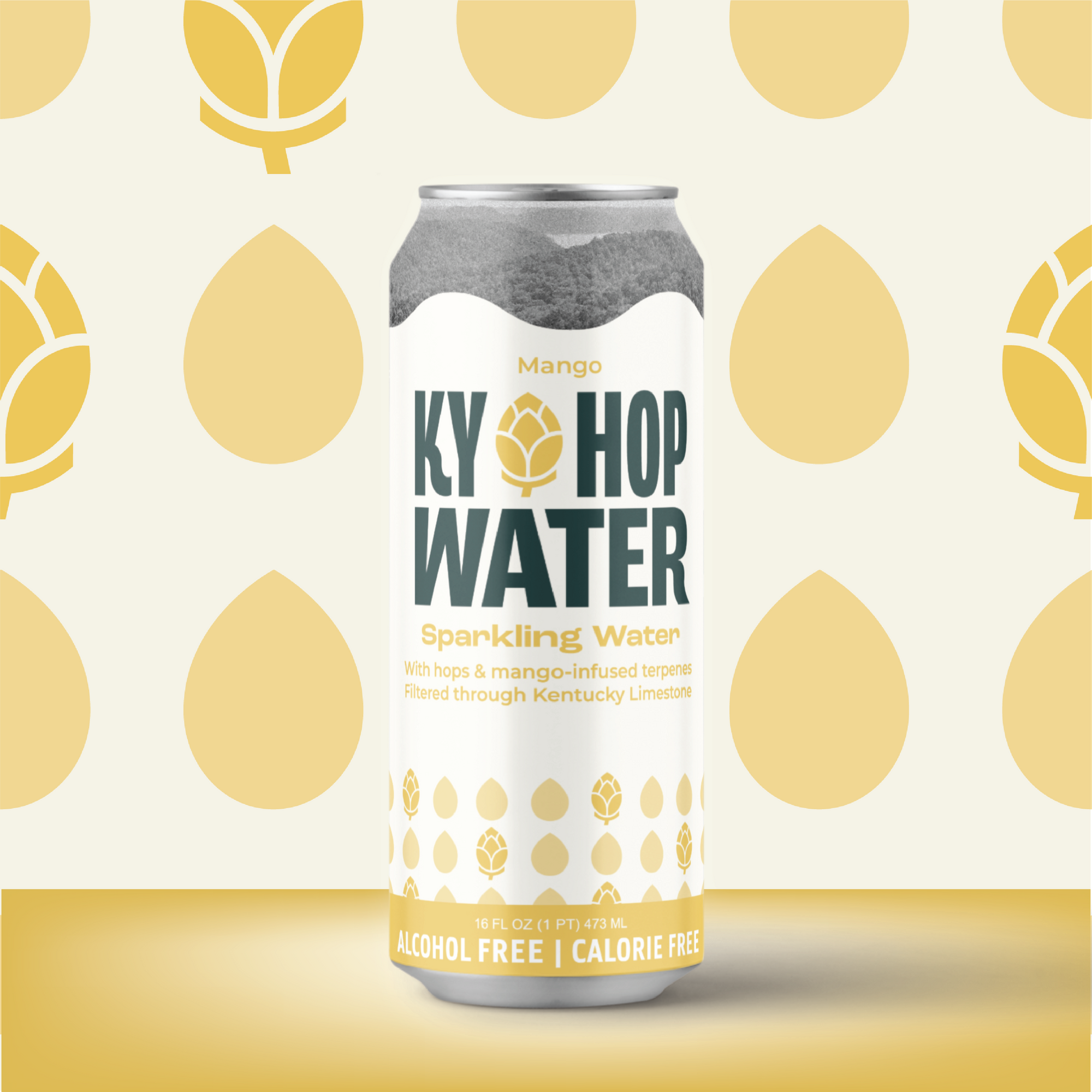 A single can of Ky Hop Water Sparkling Water in Mango flavor, featuring a white label with dark green and gold text and hop illustrations, set against a patterned cream and gold background.