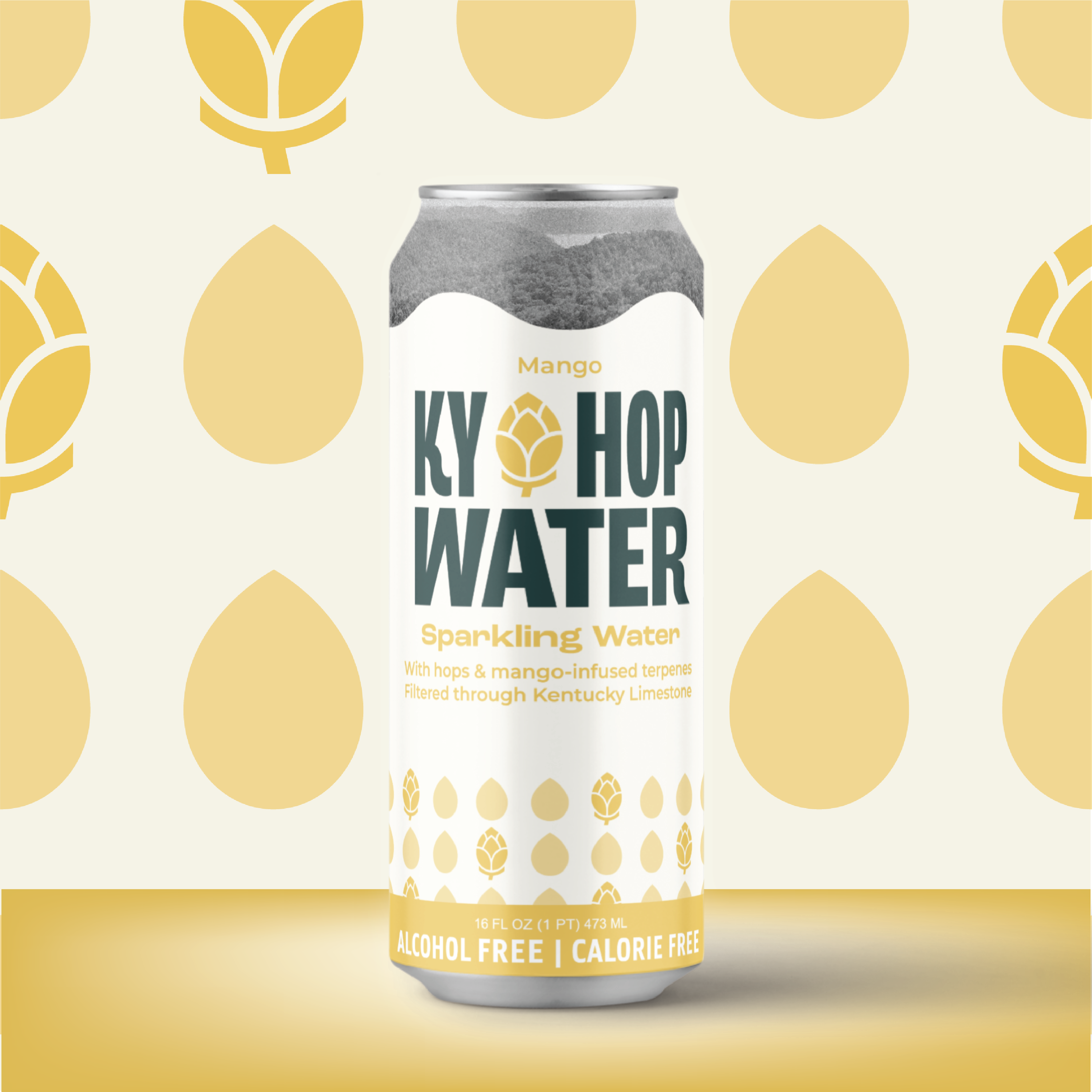 A single can of Ky Hop Water Sparkling Water in Mango flavor, featuring a white label with dark green and gold text and hop illustrations, set against a patterned cream and gold background.
