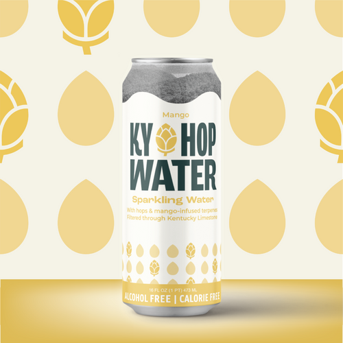 A single can of Ky Hop Water Sparkling Water in Mango flavor, featuring a white label with dark green and gold text and hop illustrations, set against a patterned cream and gold background.