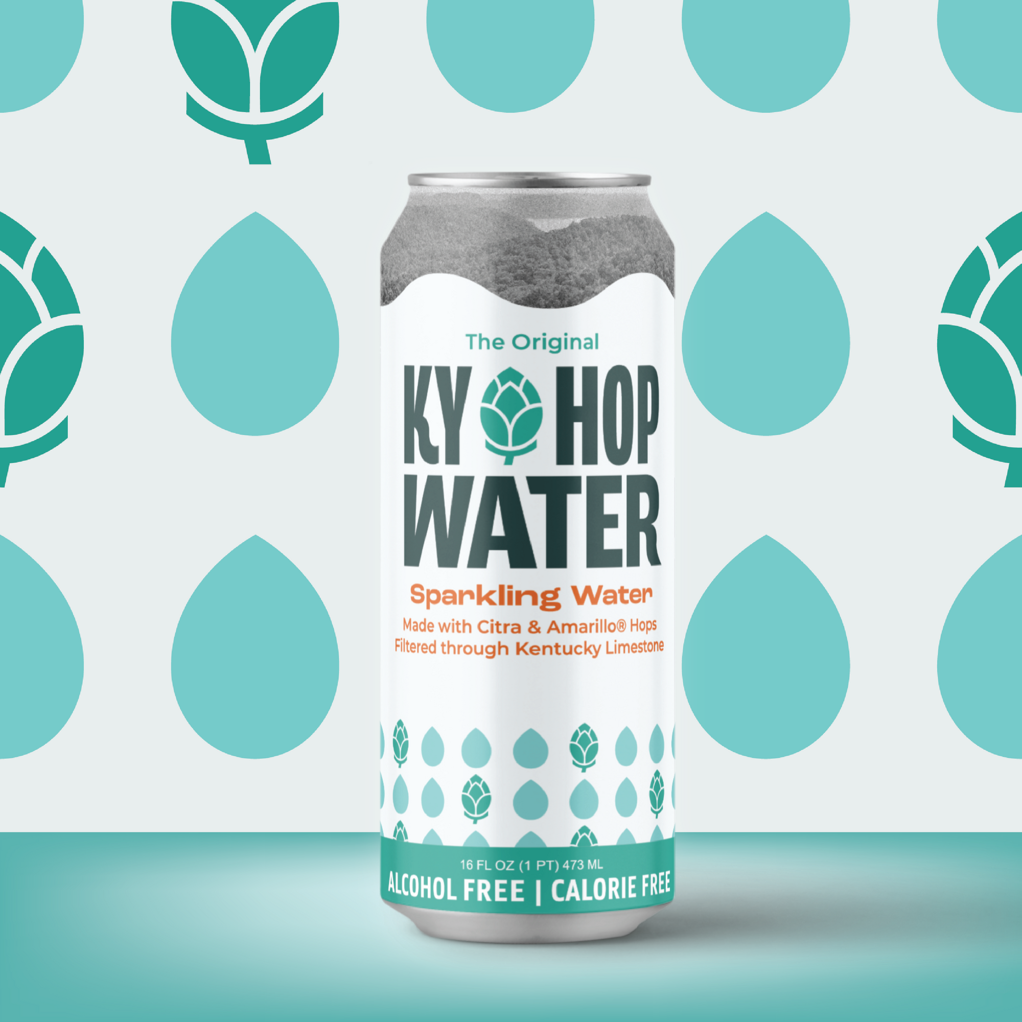 A single can of Ky Hop Water Sparkling Water, featuring a white label with teal and orange text, set against a teal and white patterned background.