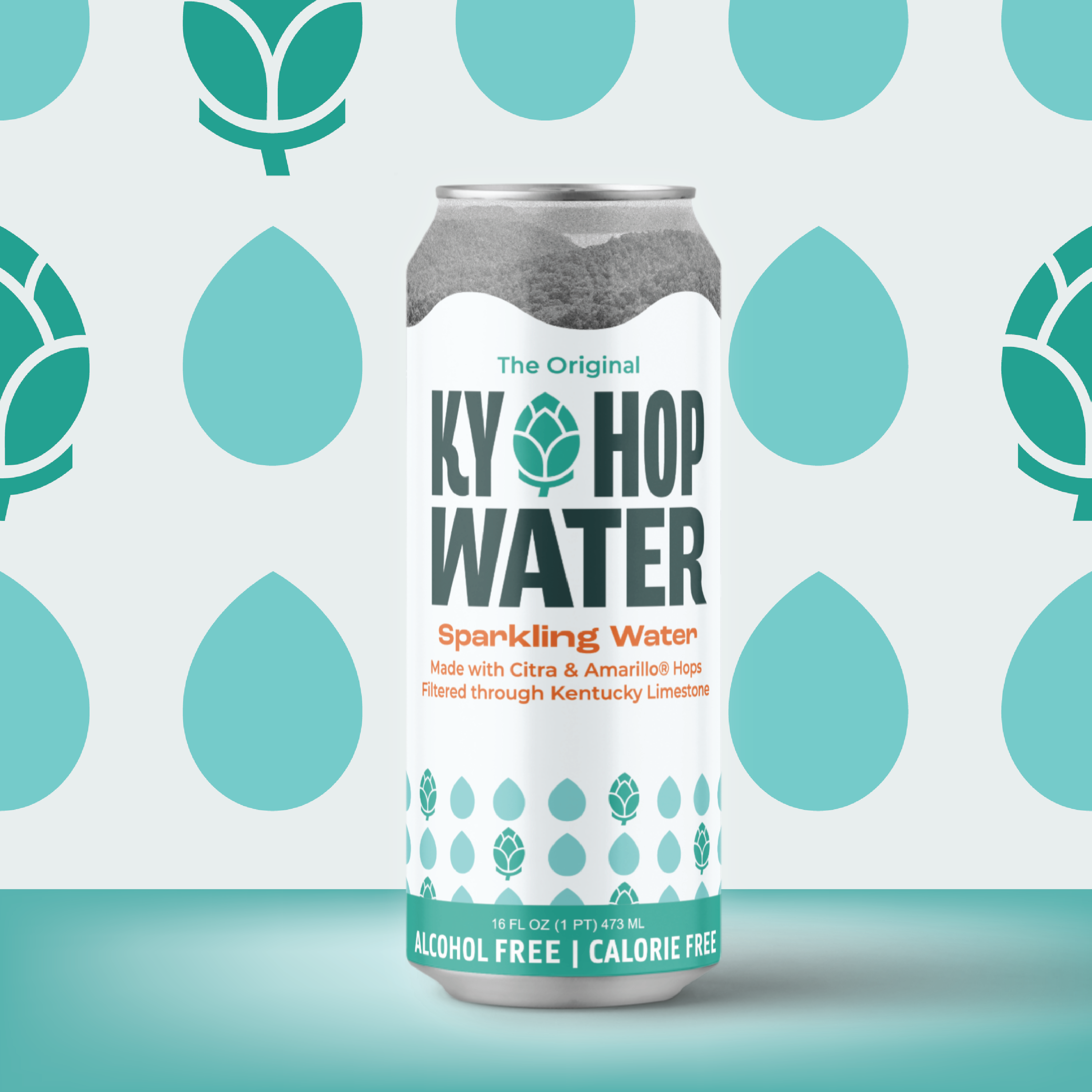 A single can of Ky Hop Water Sparkling Water, featuring a white label with teal and orange text, set against a teal and white patterned background.