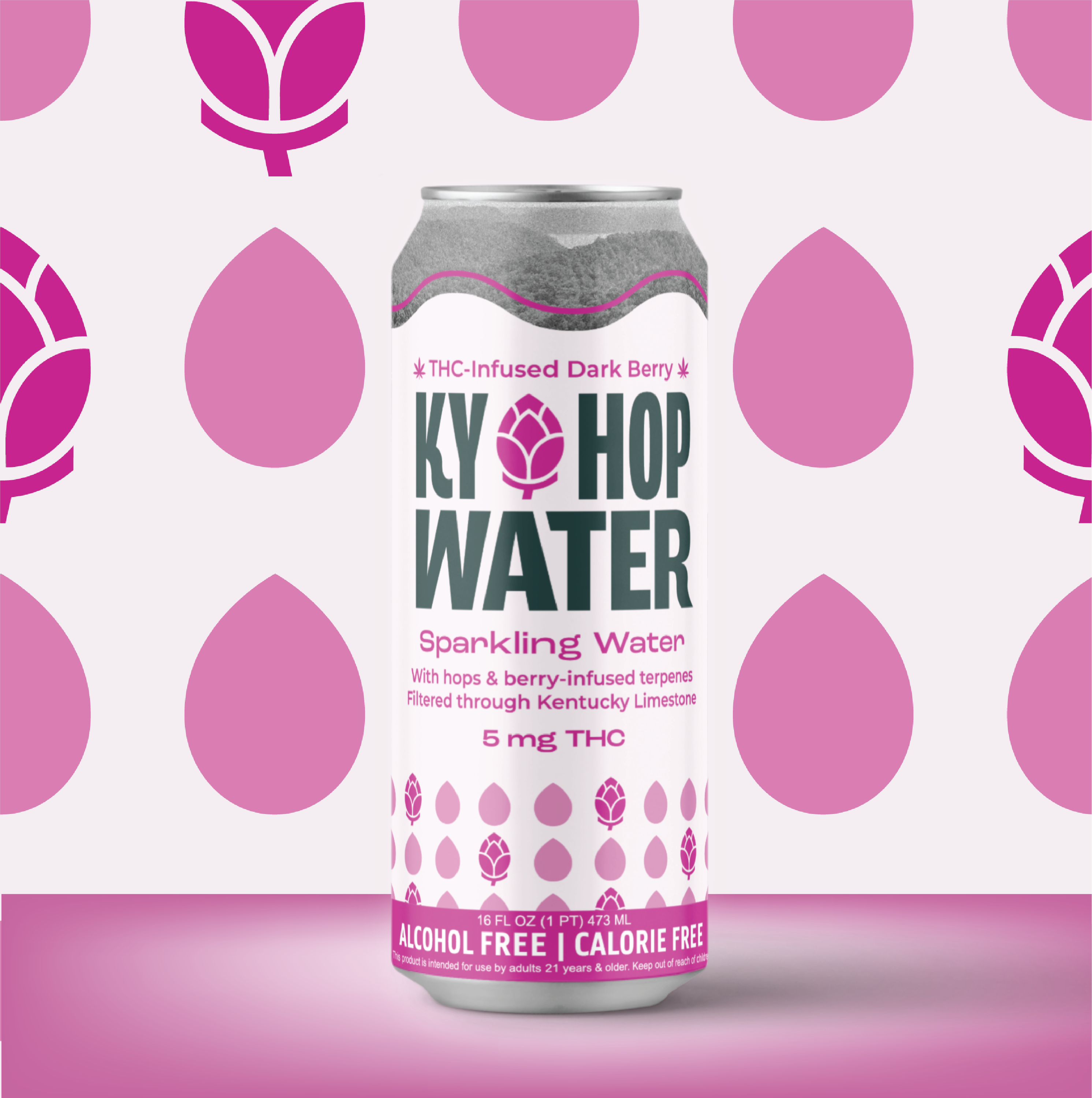 A can of Ky Hop Water Sparkling Water, 5 mg THC, standing upright on a pink surface against a light pink background with darker pink teardrop shapes.