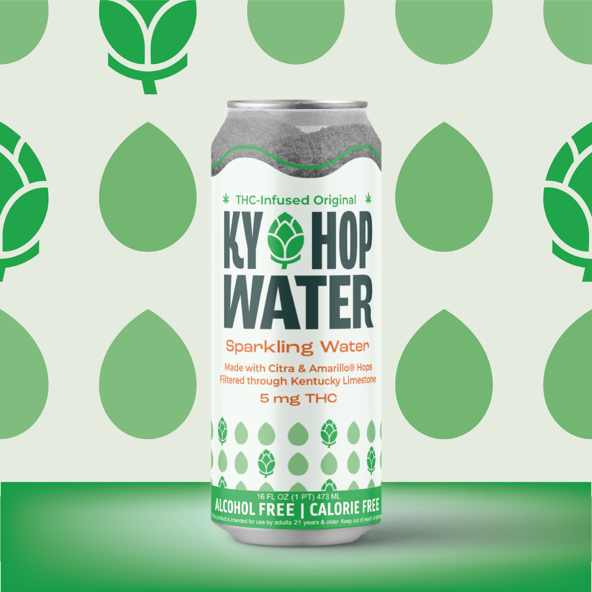 A single can of Ky Hop Water Sparkling Water, a THC-infused beverage, centered against a light green background patterned with green hop leaves. The can features a white label with green and orange text and graphics.