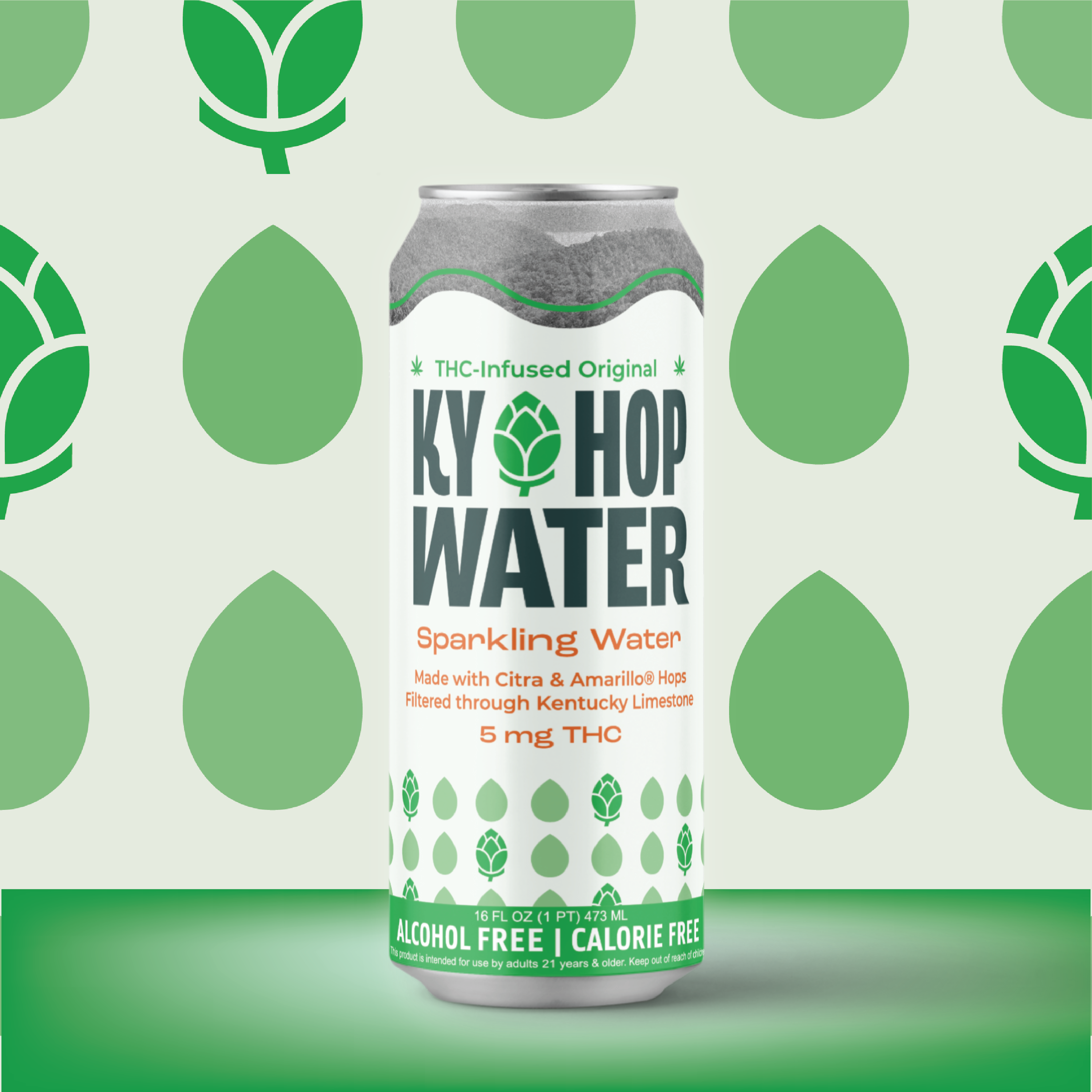 A single can of Ky Hop Water Sparkling Water, a THC-infused beverage, centered against a light green background patterned with green hop leaves. The can features a white label with green and orange text and graphics.
