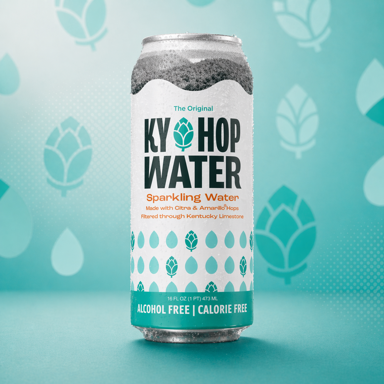 PLACEHOLDER, replace with final product photography. The Original Kentucky Hop Water 4-pack, 16 oz cans.