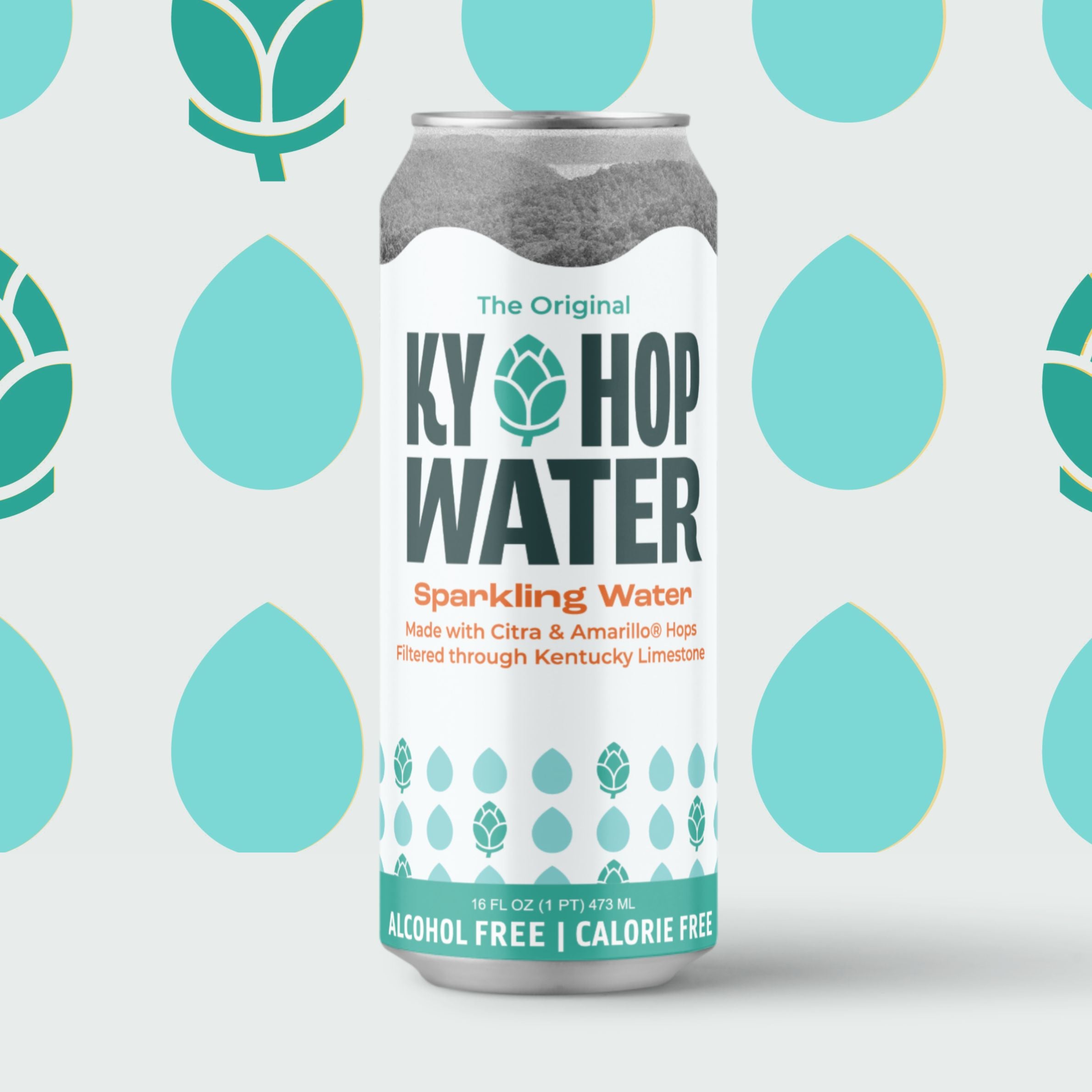 A single can of Ky Hop Water Sparkling Water centered on a light gray background with repeating teal leaf and droplet graphics. The can is mostly white with teal and orange text and graphics, and the top rim shows a dark gray foamy head.